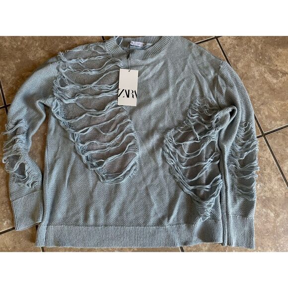 NWT Zara M Distressed Metallic Accent Fringe Pullover Sweater Cotton Blend - Picture 1 of 8